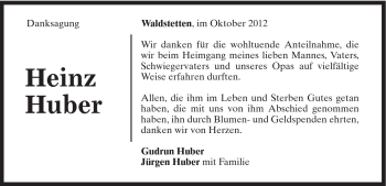 Traueranzeige von Heinz Huber von Gmünder Tagespost