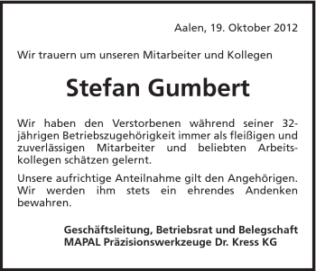 Traueranzeige von Stefan Gumbert von Schwäbische Post