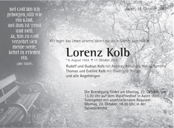 Traueranzeige von Lorenz Kolb von Schwäbische Post