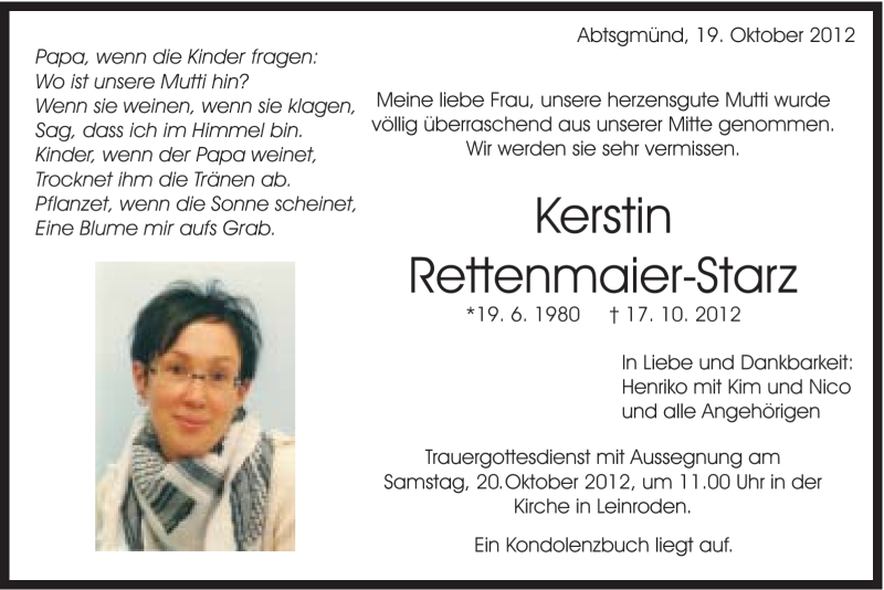  Traueranzeige für Kerstin Rettenmaier-Starz vom 19.10.2012 aus Schwäbische Post