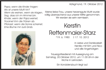 Traueranzeige von Kerstin Rettenmaier-Starz von Schwäbische Post
