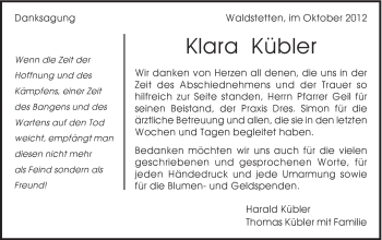 Traueranzeige von Klara Kübler von Gmünder Tagespost