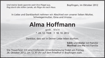 Traueranzeige von Alma Hoffmann von Schwäbische Post