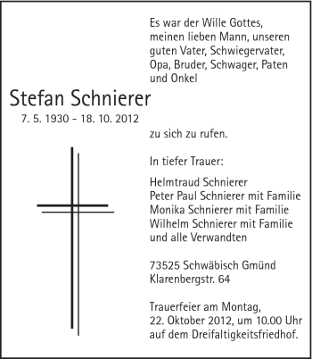 Traueranzeige von Stefan Schnierer von Gmünder Tagespost
