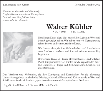 Traueranzeige von Walter Kübler von Gmünder Tagespost