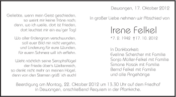Traueranzeige von Irene Felkel von Schwäbische Post