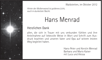 Traueranzeige von Hans Menrad von Gmünder Tagespost