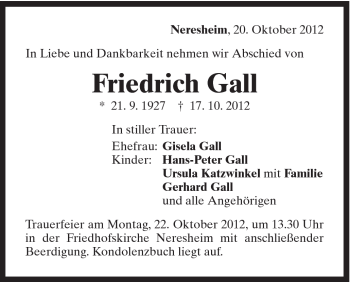Traueranzeige von Friedrich Gall von Schwäbische Post