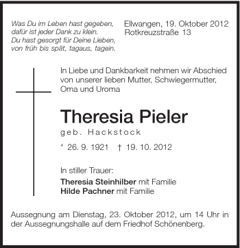 Traueranzeige von Theresia Pieler von Schwäbische Post