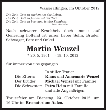 Traueranzeige von Martin Wenzel von Schwäbische Post