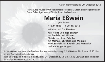 Traueranzeige von Maria Eßwein von Schwäbische Post