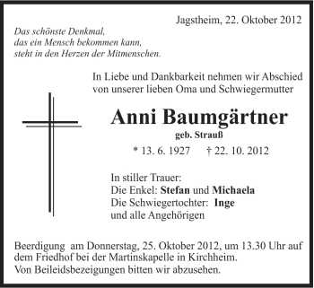 Traueranzeige von Anni Baumgärnter von Schwäbische Post