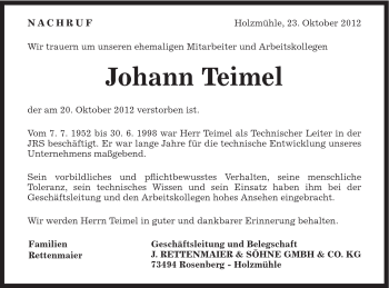 Traueranzeige von Johann Teimel von Schwäbische Post
