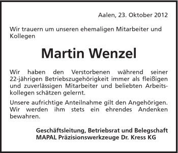 Traueranzeige von Martin Wenzel von Schwäbische Post