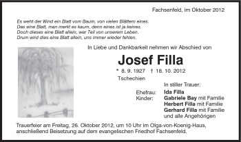 Traueranzeige von Josef Filla von Schwäbische Post