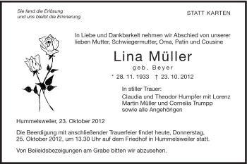 Traueranzeige von Lina Müller von Schwäbische Post