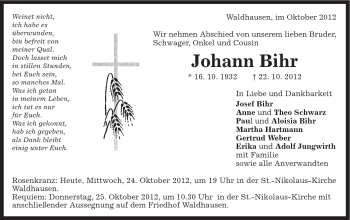 Traueranzeige von Johann Bihr von Schwäbische Post