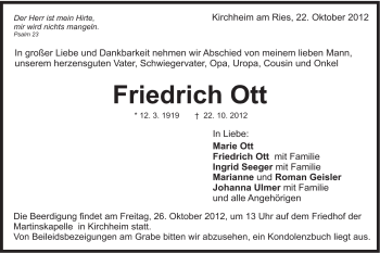 Traueranzeige von Friedrich Ott von Schwäbische Post