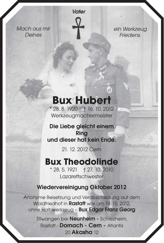  Traueranzeige für Hubert Bux vom 30.10.2012 aus Schwäbische Post