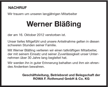 Traueranzeige von Werner Bläßing von Schwäbische Post