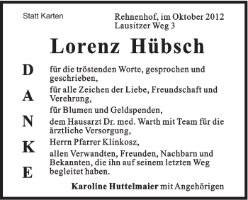 Traueranzeige von Lorenz Hübsch von Gmünder Tagespost