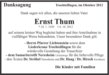 Traueranzeige von Ernst Thum von Schwäbische Post