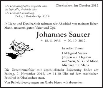 Traueranzeige von Johannes Sauter von Schwäbische Post