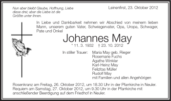 Traueranzeige von Johannes May von Schwäbische Post