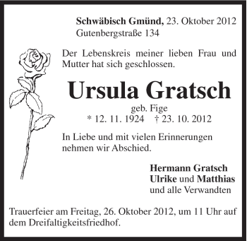Traueranzeige von Ursula Gratsch von Gmünder Tagespost
