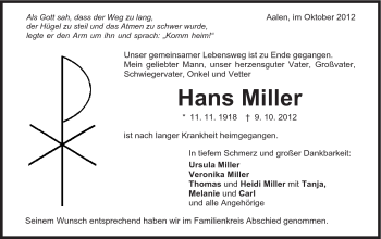 Traueranzeige von Hans Miller von Schwäbische Post
