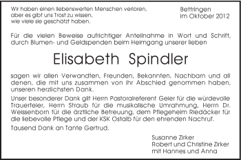 Traueranzeige von Elisabeth Spindler von Gmünder Tagespost