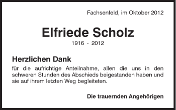 Traueranzeige von Elfriede Scholz von Schwäbische Post