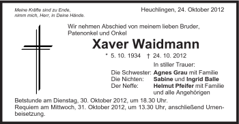 Traueranzeige von Xaver Waidmann von Gmünder Tagespost