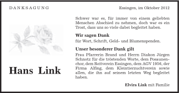 Traueranzeige von Hans Link von Schwäbische Post