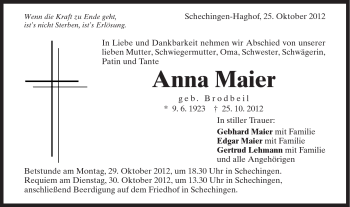 Traueranzeige von Anna Maier von Gmünder Tagespost