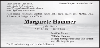 Traueranzeige von Margarete Hammer von Schwäbische Post
