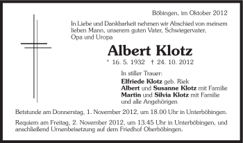 Traueranzeige von Albert Klotz von Gmünder Tagespost