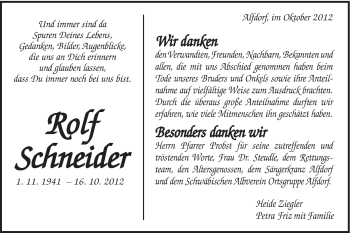 Traueranzeige von Rolf Schneider von Gmünder Tagespost