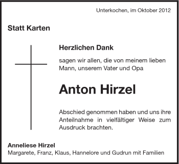 Traueranzeige von Anton Hirzel von Schwäbische Post