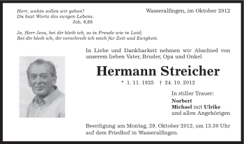 Traueranzeige von Hermann Streicher von Schwäbische Post