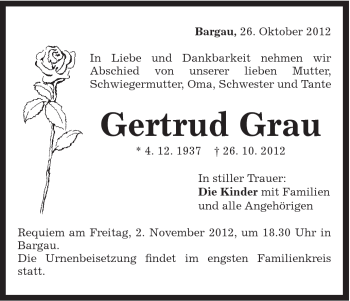 Traueranzeige von Gertrud Grau von Gmünder Tagespost