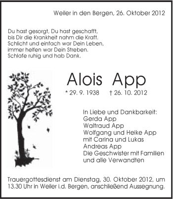 Traueranzeige von Alois App von Gmünder Tagespost