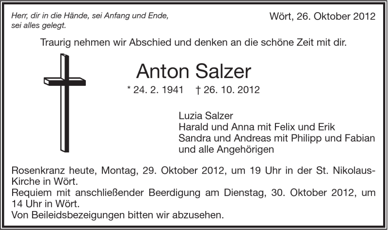  Traueranzeige für Anton Salzer vom 29.10.2012 aus Schwäbische Post