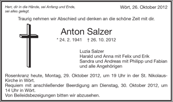 Traueranzeige von Anton Salzer von Schwäbische Post