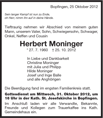 Traueranzeige von Herbert Moninger von Schwäbische Post