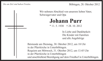 Traueranzeige von Johann Purr von Gmünder Tagespost