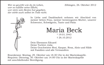 Traueranzeige von Maria Beck von Schwäbische Post