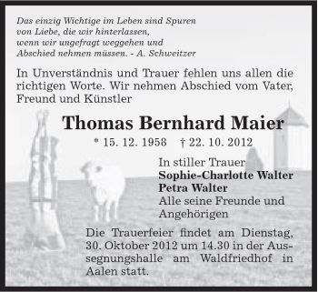 Traueranzeige von Thomas Bernhard Maier von Schwäbische Post