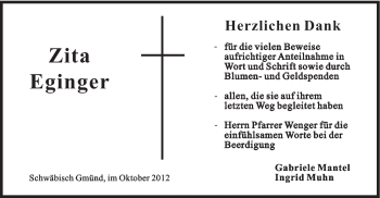 Traueranzeige von Zita Eginger von Gmünder Tagespost