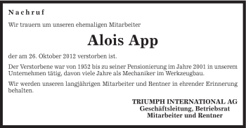 Traueranzeige von Alois App von Gmünder Tagespost